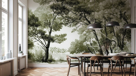 Les pins du lac - Papier peint panoramique forêt en nuances de vert - Illulart: Papier peint panoramique