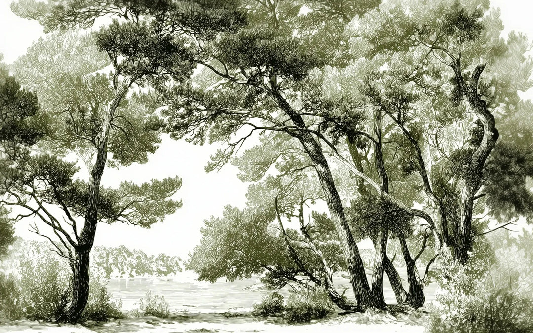 Les pins du lac - Papier peint panoramique forêt en nuances de vert - Illulart: Papier peint panoramique