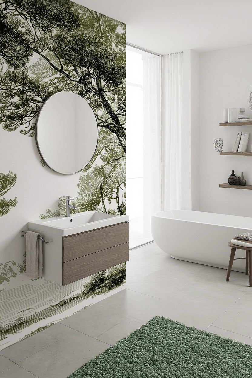 Les pins du lac - Papier peint panoramique forêt en nuances de vert - Illulart: Papier peint panoramique