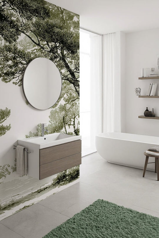 Les pins du lac - Papier peint panoramique forêt en nuances de vert - Illulart: Papier peint panoramique