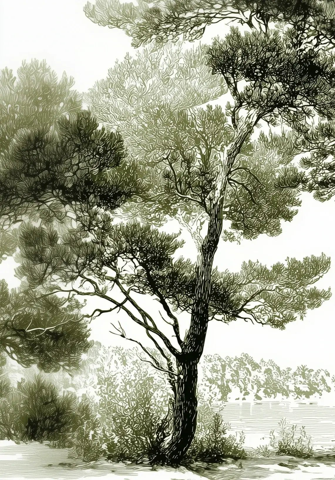 Les pins du lac - Papier peint panoramique forêt en nuances de vert - Illulart: Papier peint panoramique