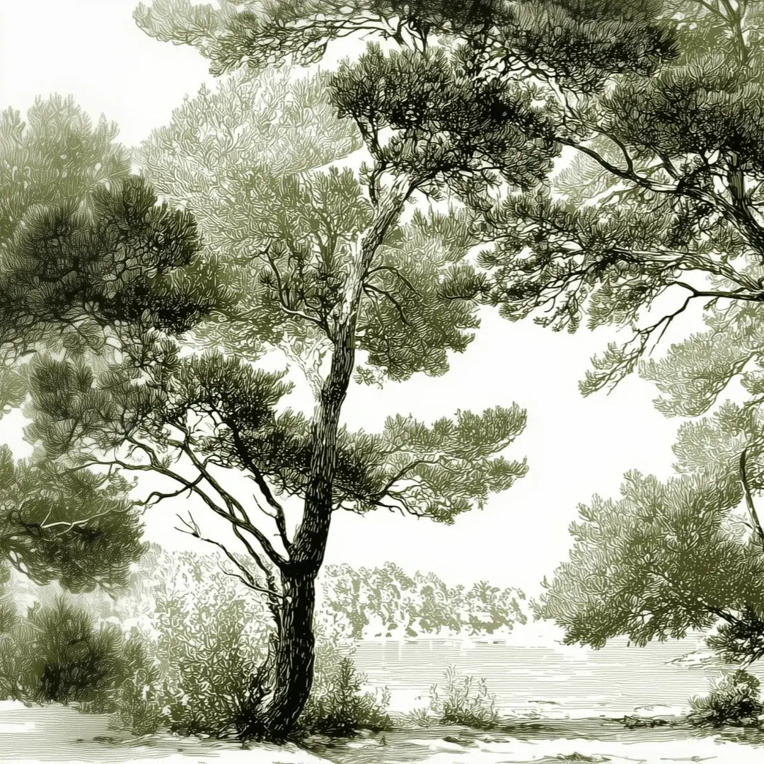 Les pins du lac - Papier peint panoramique forêt en nuances de vert - Illulart: Papier peint panoramique