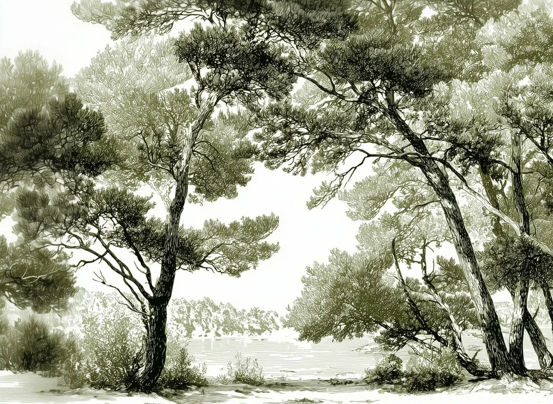 Les pins du lac - Papier peint panoramique forêt en nuances de vert - Illulart: Papier peint panoramique