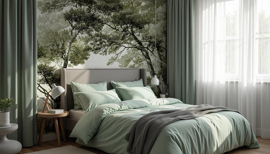 Les pins du lac - Papier peint panoramique forêt en nuances de vert - Illulart: Papier peint panoramique