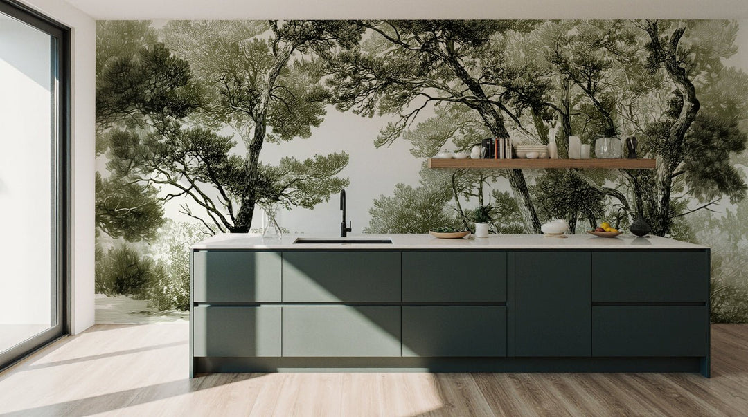 Les pins du lac - Papier peint panoramique forêt en nuances de vert - Illulart: Papier peint panoramique