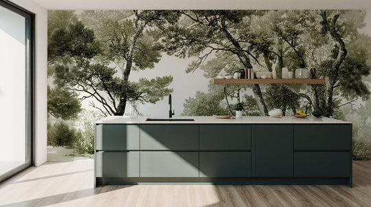 Les pins du lac - Papier peint panoramique forêt en nuances de vert - Illulart: Papier peint panoramique