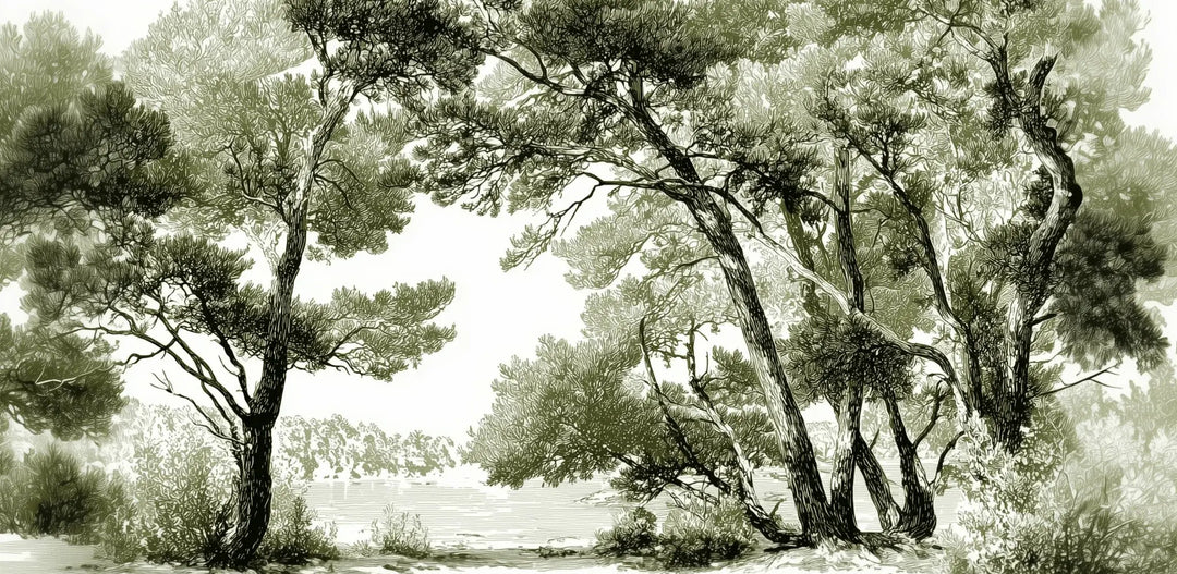 Les pins du lac - Papier peint panoramique forêt en nuances de vert - Illulart: Papier peint panoramique
