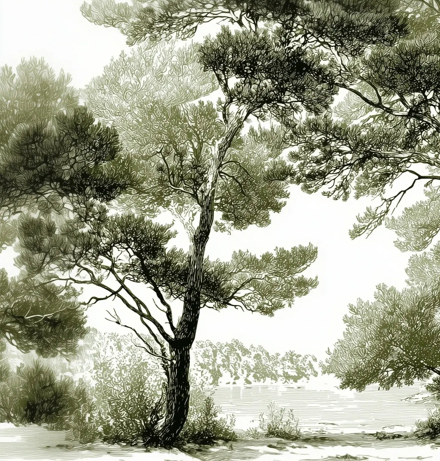 Les pins du lac - Papier peint panoramique forêt en nuances de vert - Illulart: Papier peint panoramique