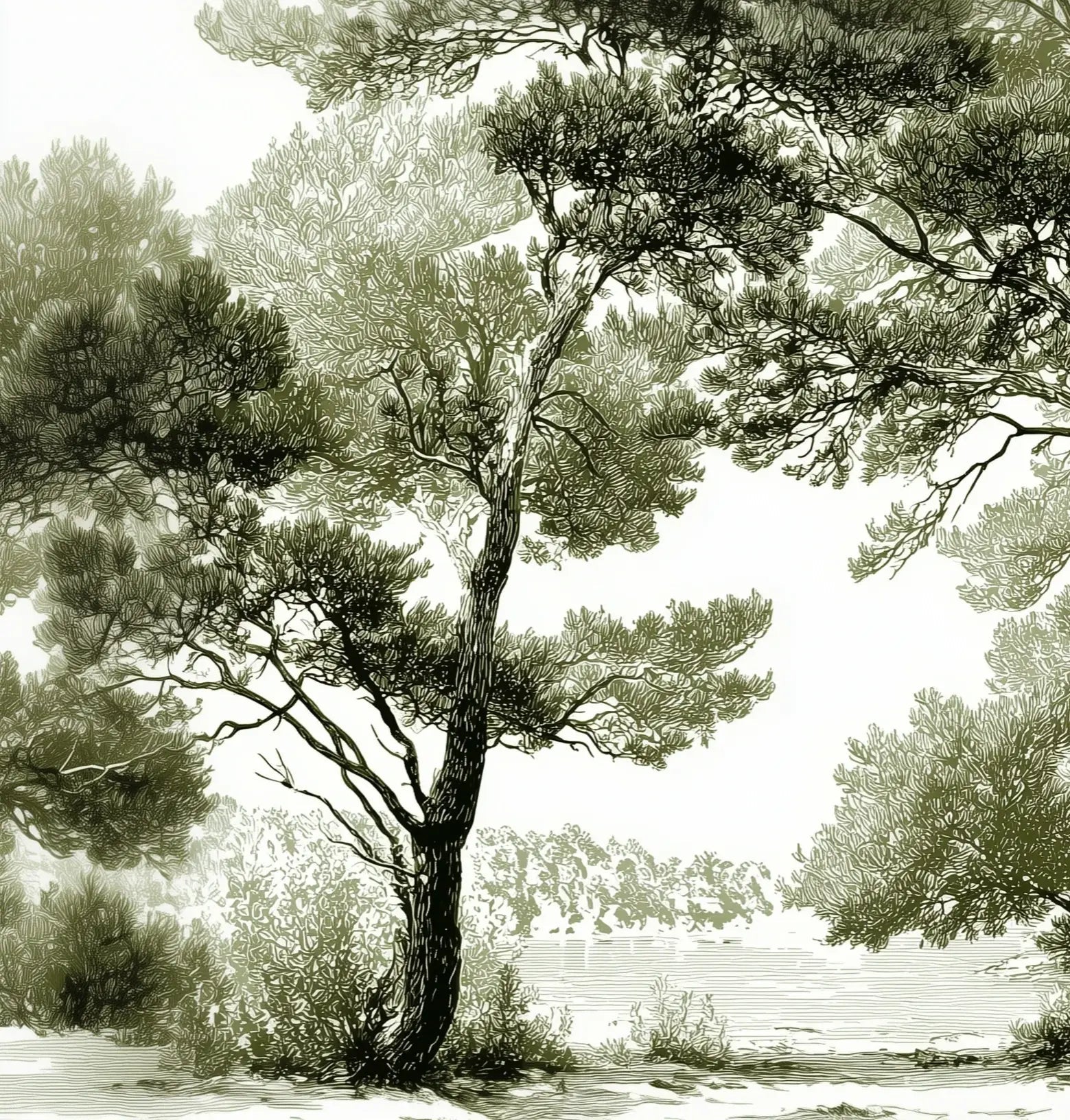 Les pins du lac - Papier peint panoramique forêt en nuances de vert