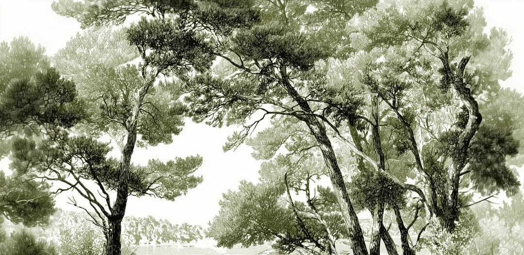 Les pins du lac - Papier peint panoramique forêt en nuances de vert - Illulart: Papier peint panoramique