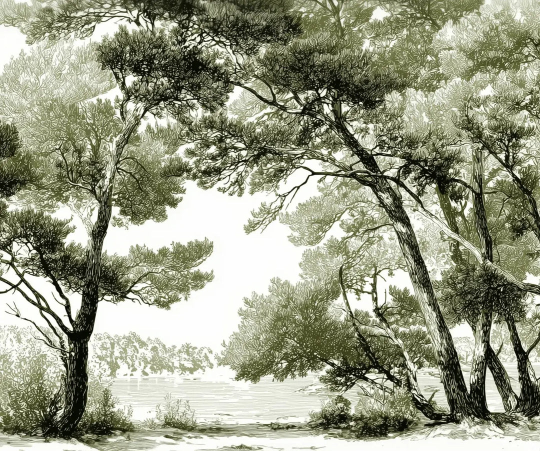 Les pins du lac - Papier peint panoramique forêt en nuances de vert - Illulart: Papier peint panoramique