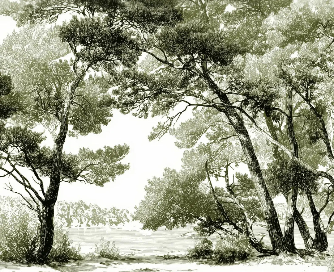 Les pins du lac - Papier peint panoramique forêt en nuances de vert - Illulart: Papier peint panoramique