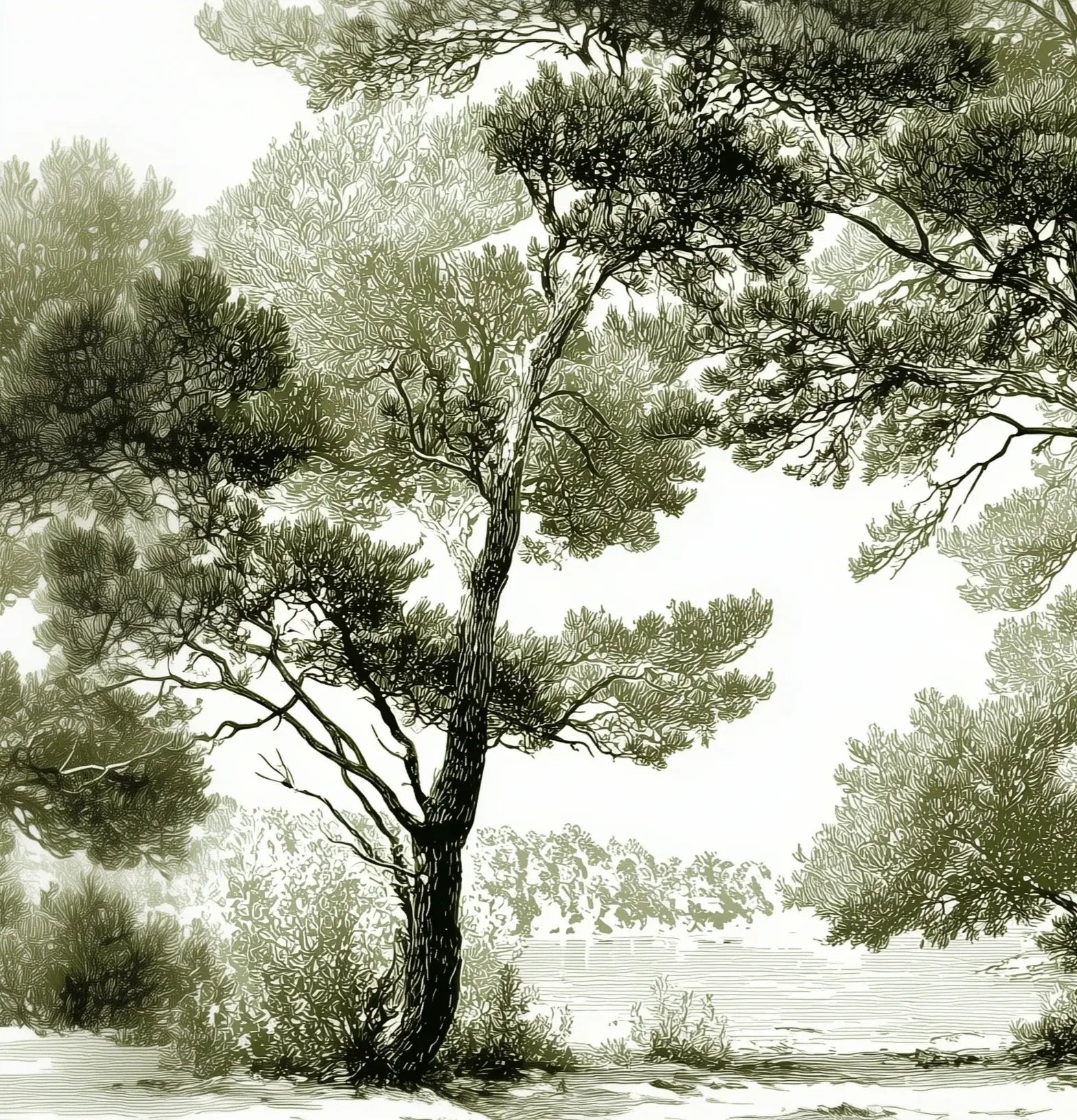 Les pins du lac - Papier peint panoramique forêt en nuances de vert
