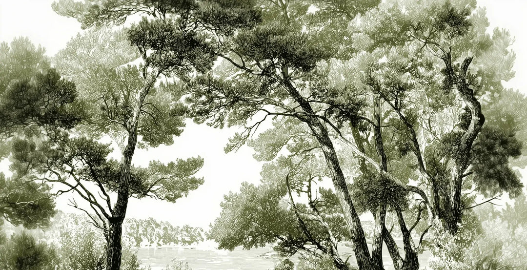 Les pins du lac - Papier peint panoramique forêt en nuances de vert - Illulart: Papier peint panoramique