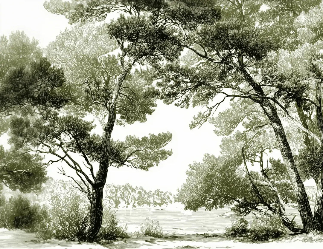 Les pins du lac - Papier peint panoramique forêt en nuances de vert - Illulart: Papier peint panoramique