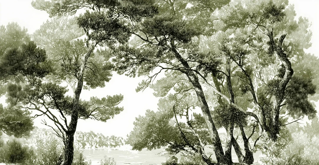 Les pins du lac - Papier peint panoramique forêt en nuances de vert - Illulart: Papier peint panoramique