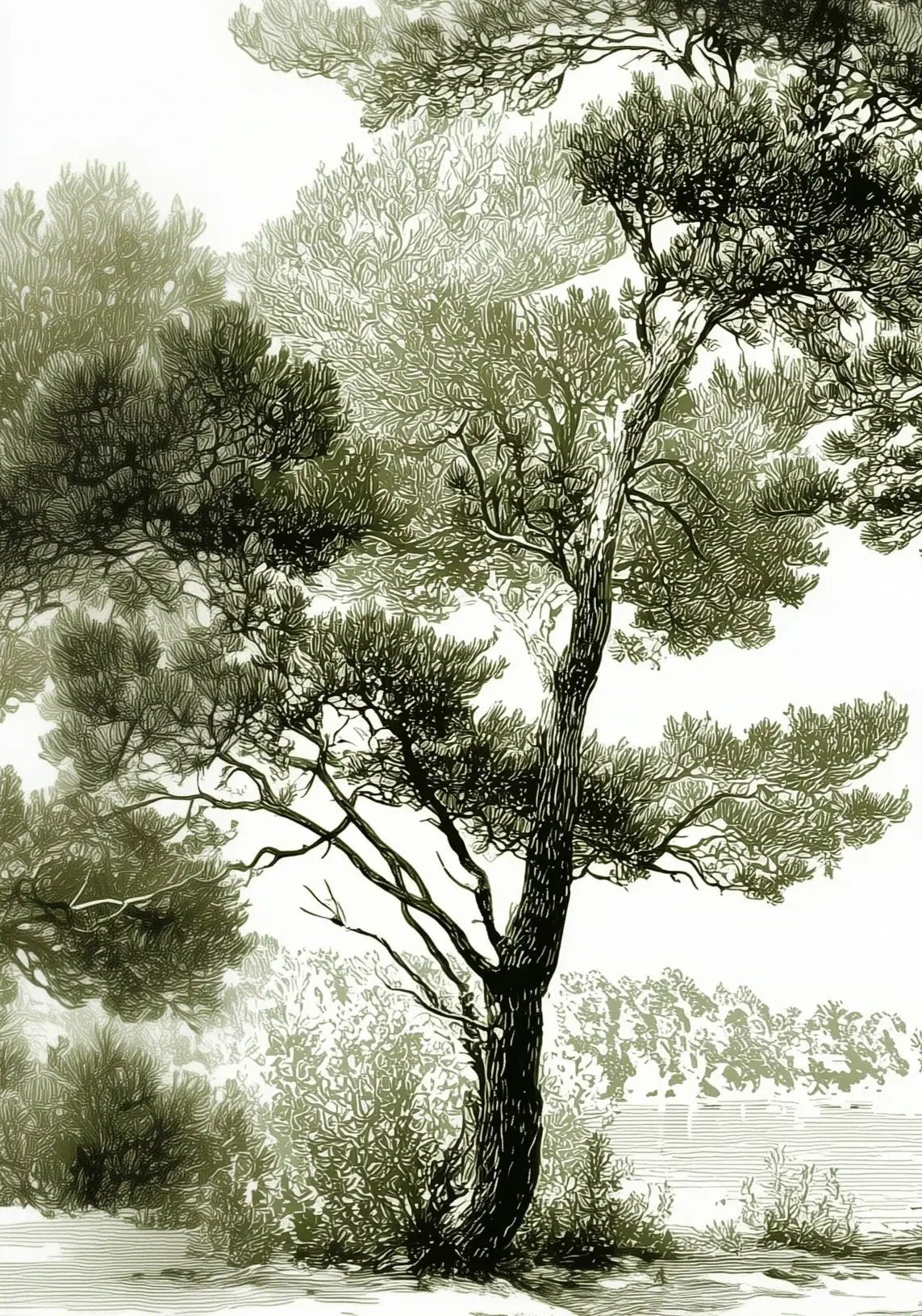 Les pins du lac - Papier peint panoramique forêt en nuances de vert - Illulart: Papier peint panoramique