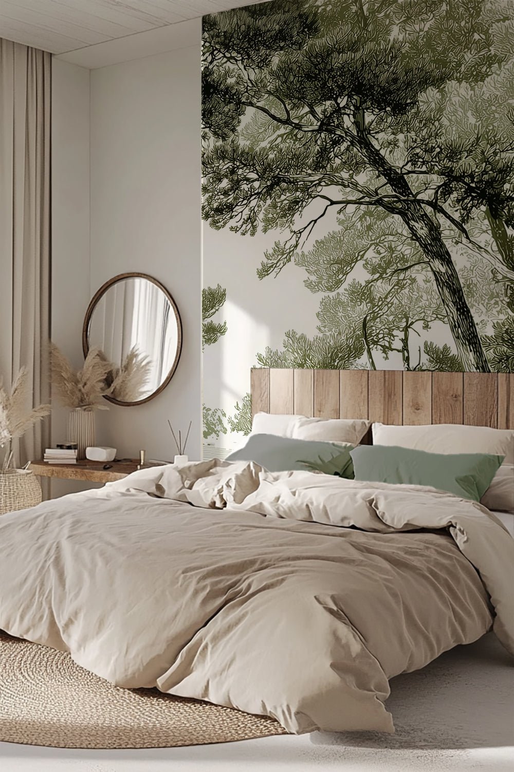 Les pins du lac - Papier peint panoramique forêt en nuances de vert - Illulart: Papier peint panoramique