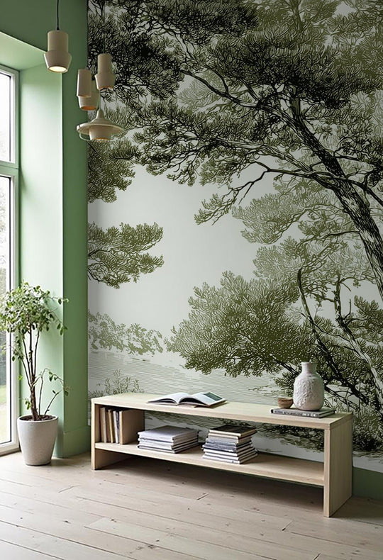 Les pins du lac - Papier peint panoramique forêt en nuances de vert - Illulart: Papier peint panoramique