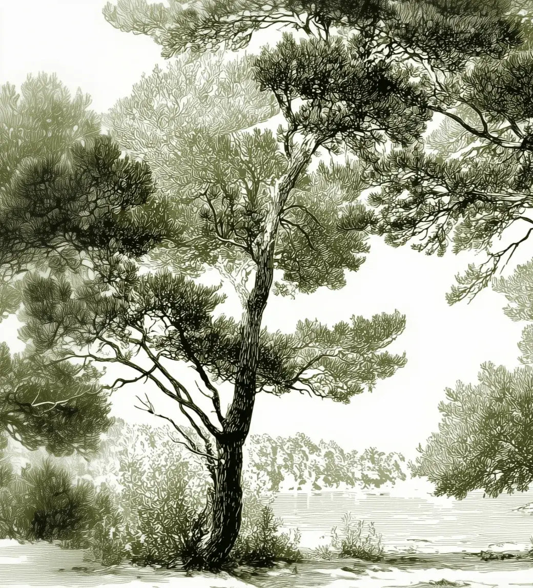 Les pins du lac - Papier peint panoramique forêt en nuances de vert - Illulart: Papier peint panoramique