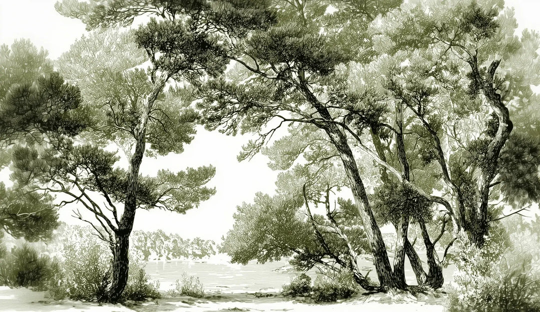 Les pins du lac - Papier peint panoramique forêt en nuances de vert - Illulart: Papier peint panoramique