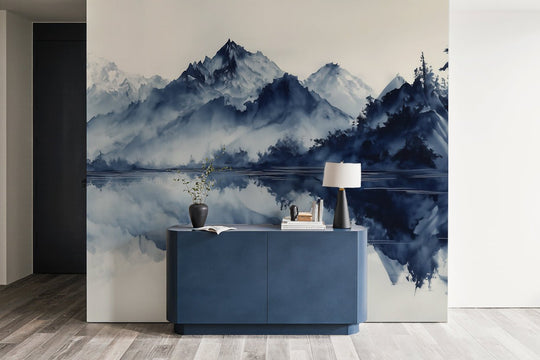 L’harmonie du calme en bleu – Papier peint paysage montagne en reflet - Illulart: Papier peint panoramique