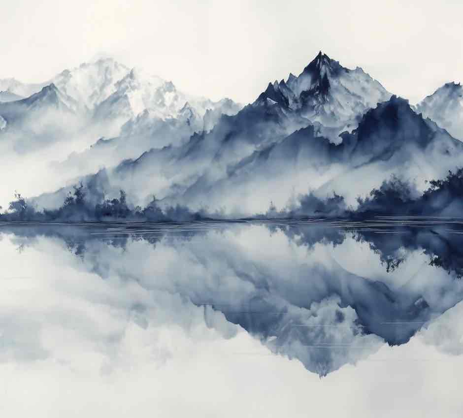 L’harmonie du calme en bleu – Papier peint paysage montagne en reflet - Illulart: Papier peint panoramique