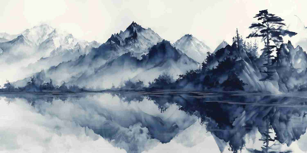 L’harmonie du calme en bleu – Papier peint paysage montagne en reflet - Illulart: Papier peint panoramique