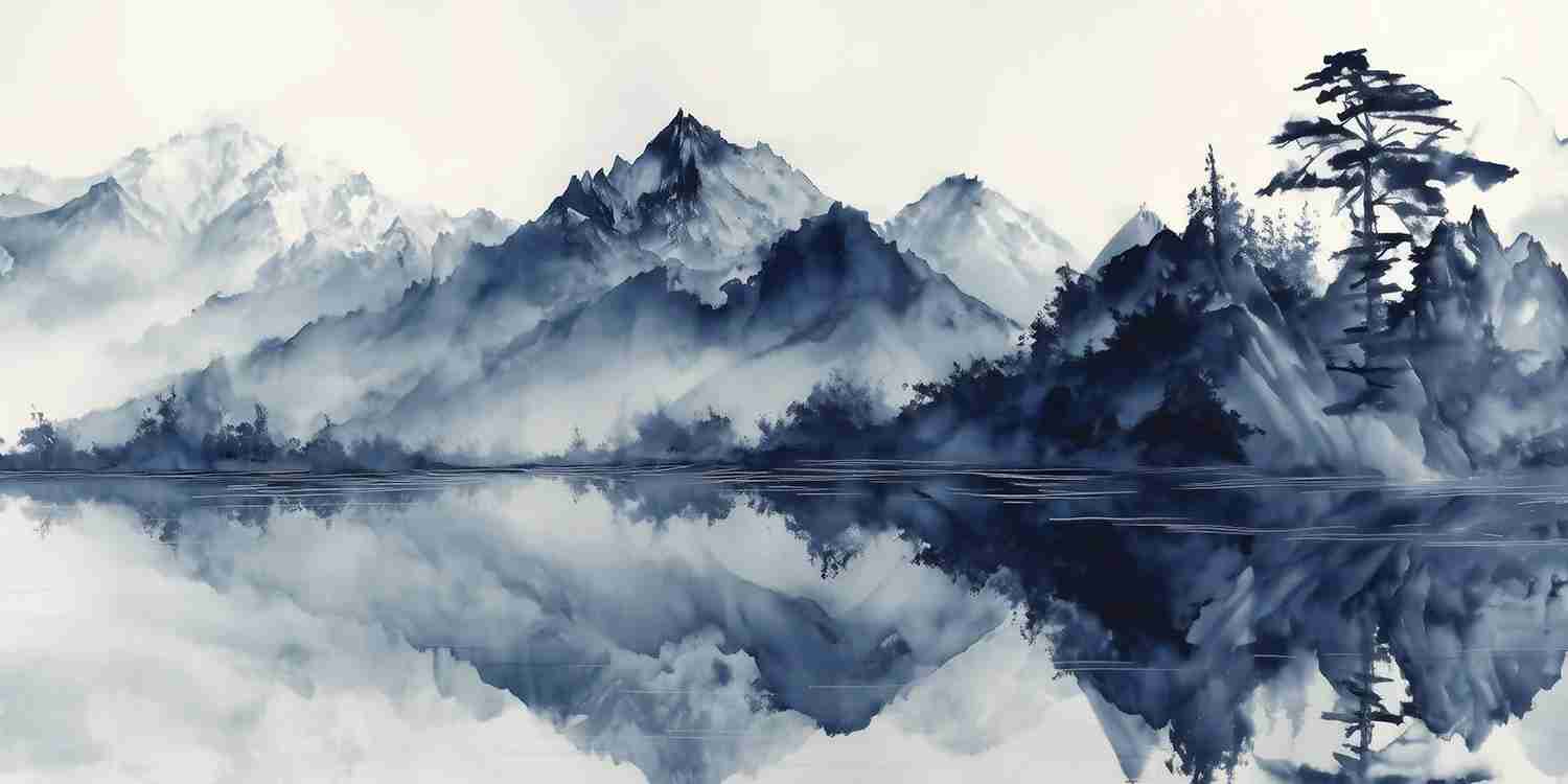 L’harmonie du calme en bleu – Papier peint paysage montagne en reflet - Illulart: Papier peint panoramique
