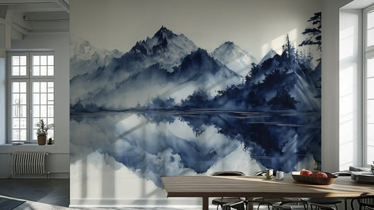 L’harmonie du calme en bleu – Papier peint paysage montagne en reflet - Illulart: Papier peint panoramique
