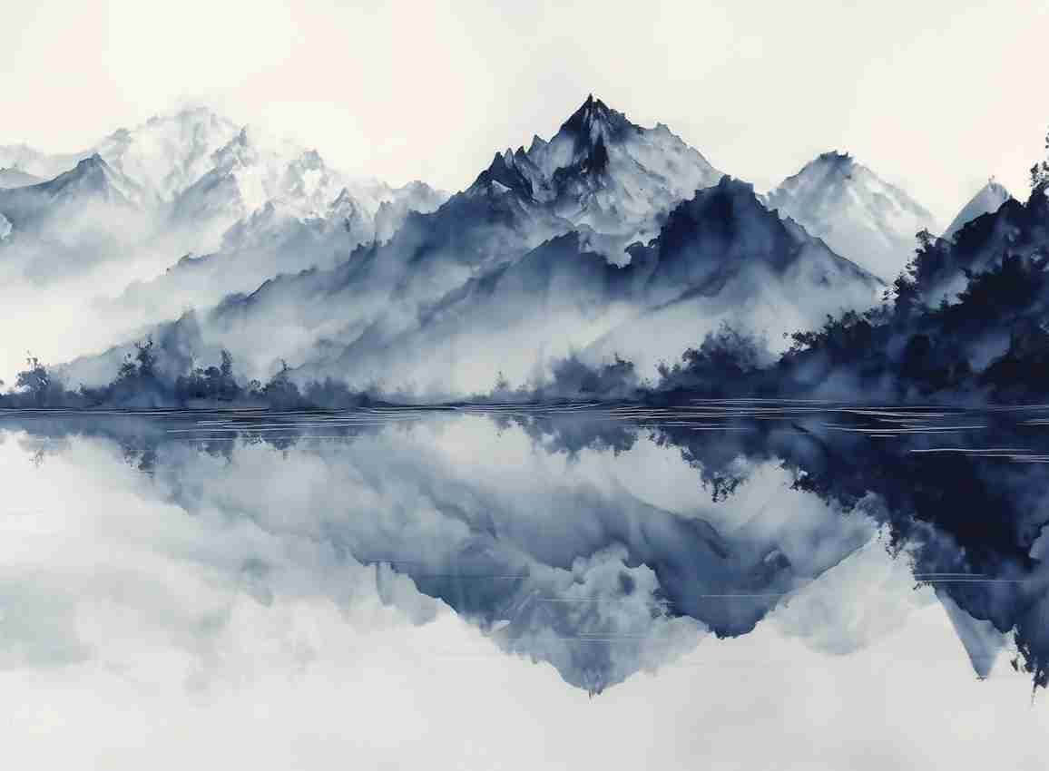 L’harmonie du calme en bleu – Papier peint paysage montagne en reflet - Illulart: Papier peint panoramique