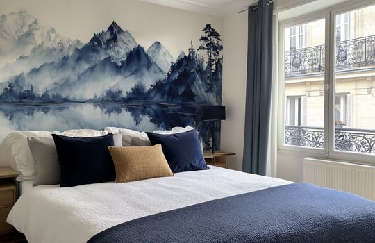 L’harmonie du calme en bleu – Papier peint paysage montagne en reflet - Illulart: Papier peint panoramique