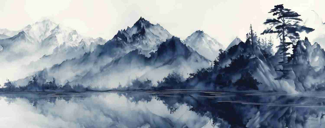 L’harmonie du calme en bleu – Papier peint paysage montagne en reflet - Illulart: Papier peint panoramique