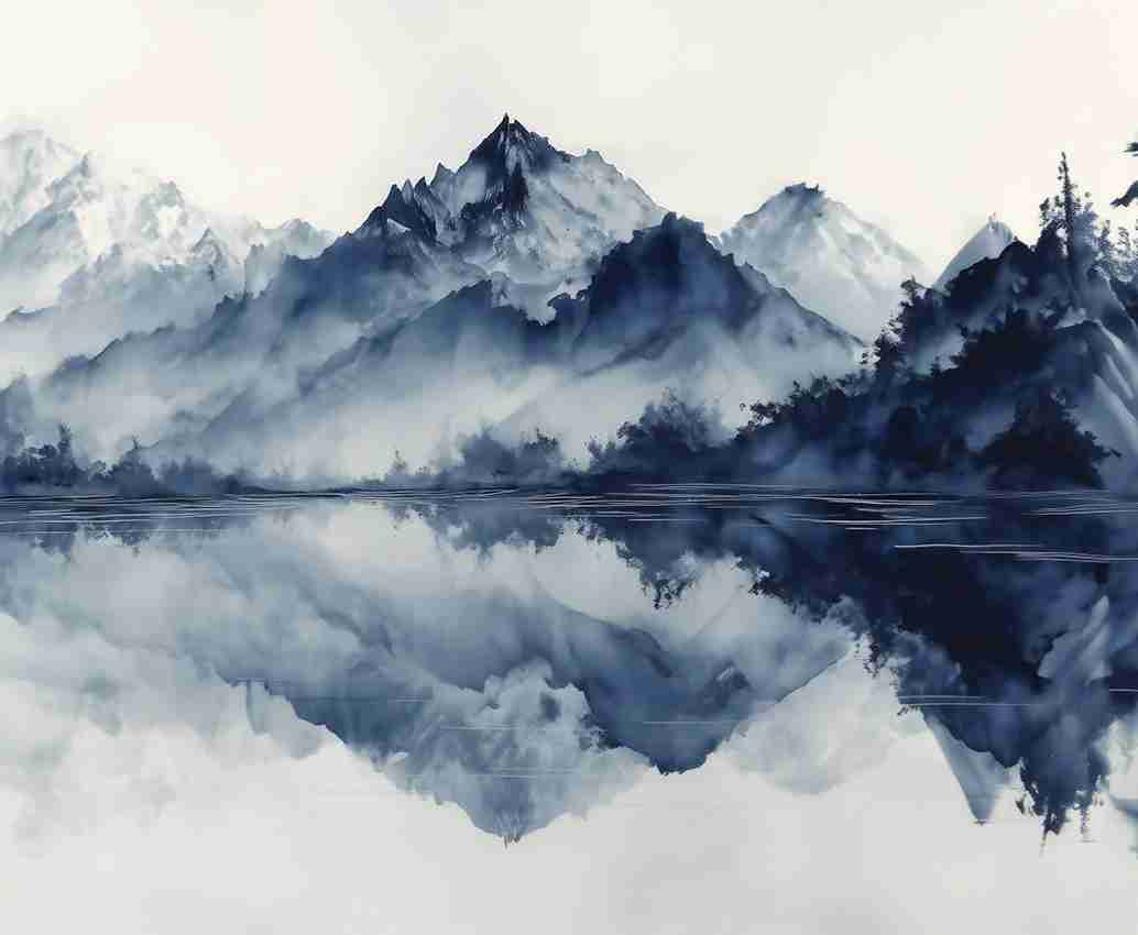 L’harmonie du calme en bleu – Papier peint paysage montagne en reflet - Illulart: Papier peint panoramique