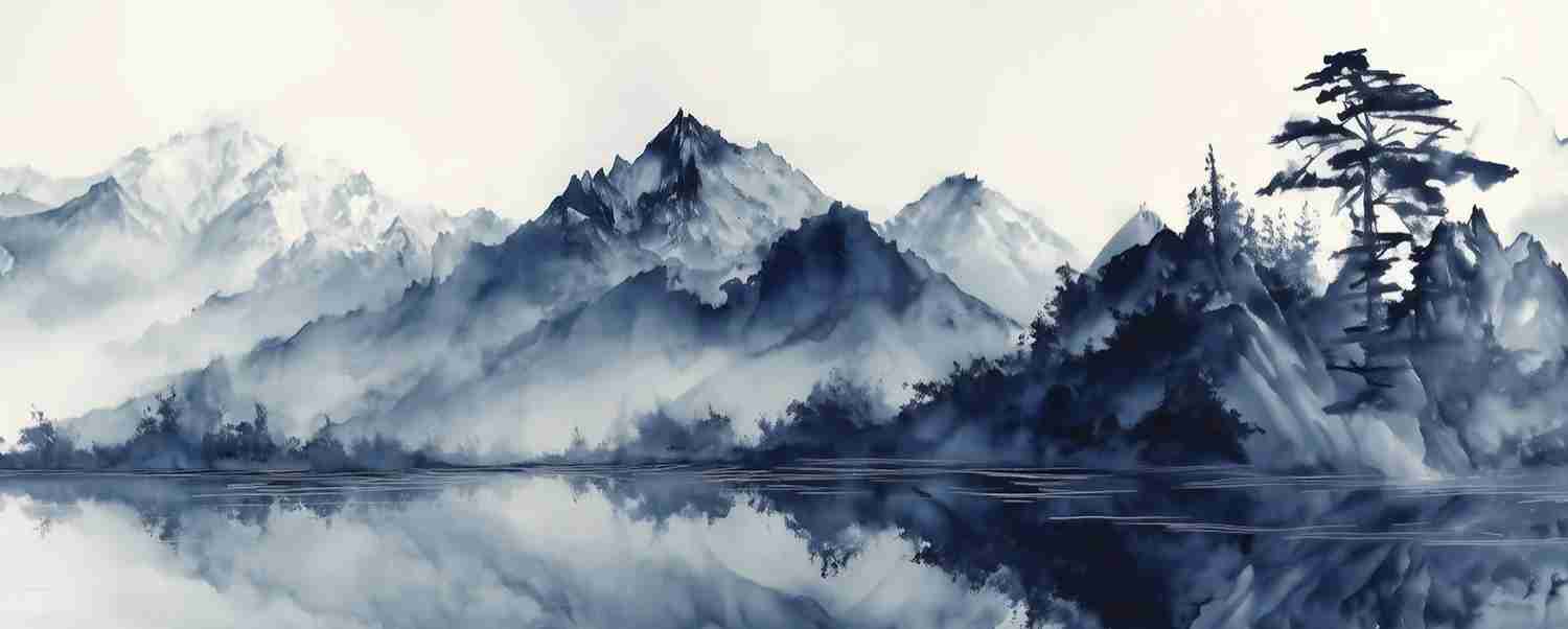 L’harmonie du calme en bleu – Papier peint paysage montagne en reflet - Illulart: Papier peint panoramique