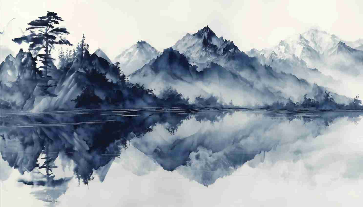 L’harmonie du calme en bleu – Papier peint paysage montagne en reflet - Illulart: Papier peint panoramique