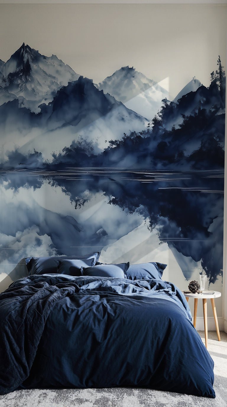 L’harmonie du calme en bleu – Papier peint paysage montagne en reflet - Illulart: Papier peint panoramique