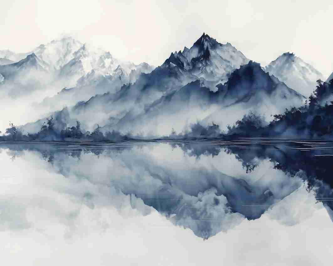 L’harmonie du calme en bleu – Papier peint paysage montagne en reflet - Illulart: Papier peint panoramique