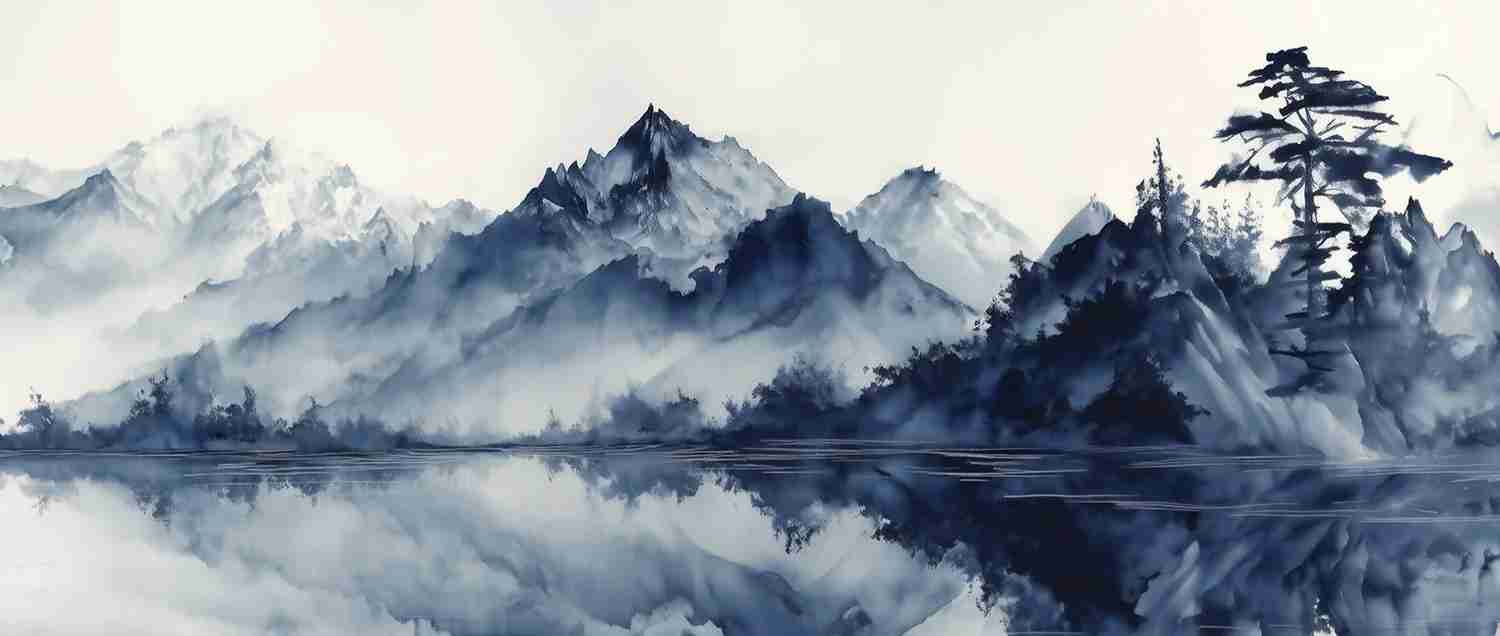 L’harmonie du calme en bleu – Papier peint paysage montagne en reflet - Illulart: Papier peint panoramique