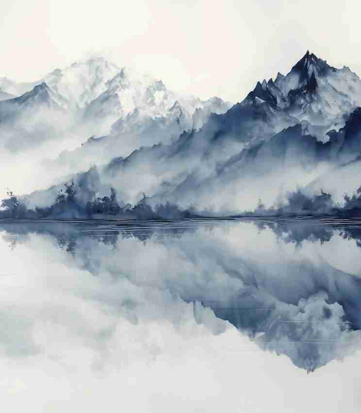 L’harmonie du calme en bleu – Papier peint paysage montagne en reflet - Illulart: Papier peint panoramique