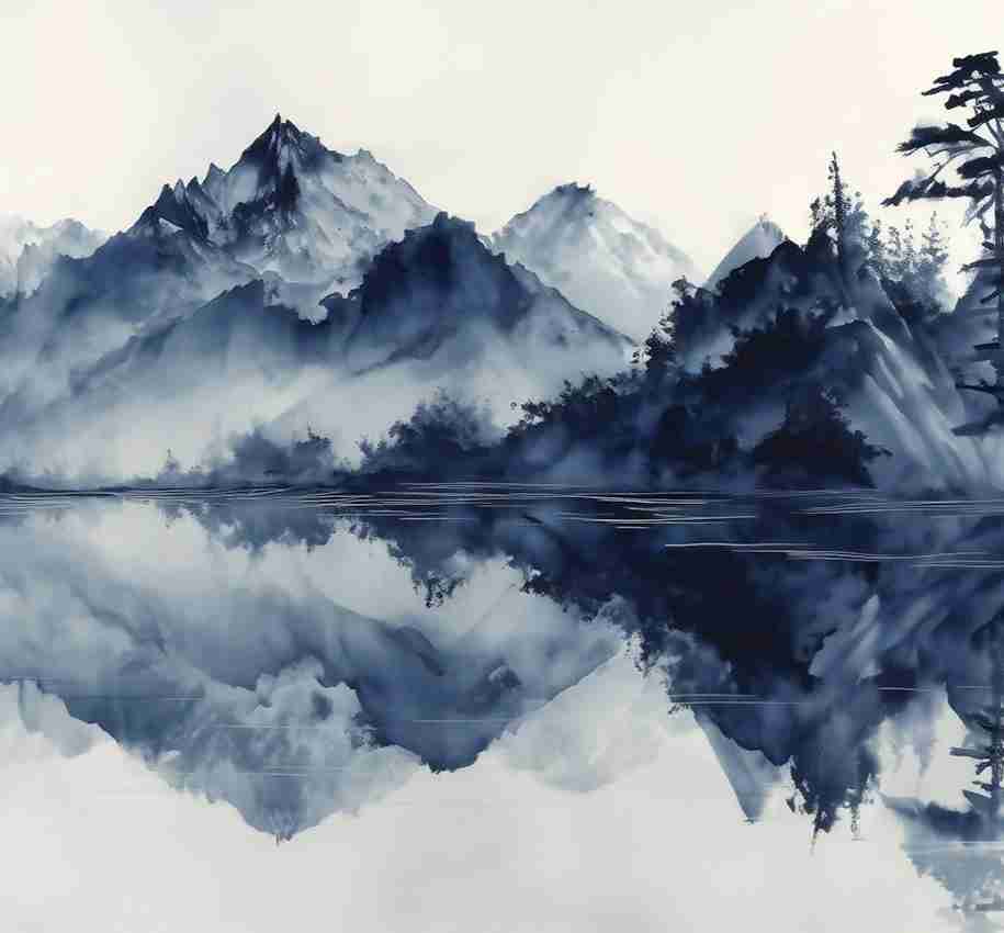 L’harmonie du calme en bleu – Papier peint paysage montagne en reflet - Illulart: Papier peint panoramique