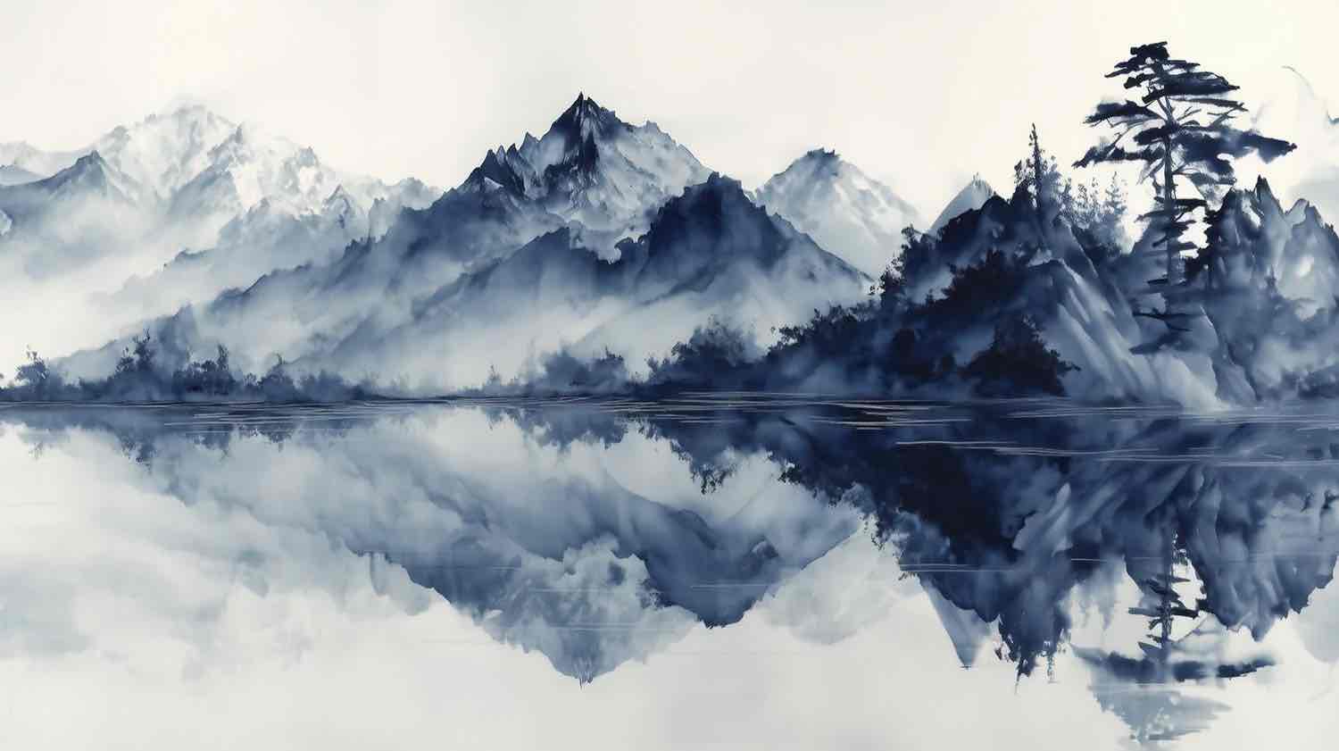 L’harmonie du calme en bleu – Papier peint paysage montagne en reflet