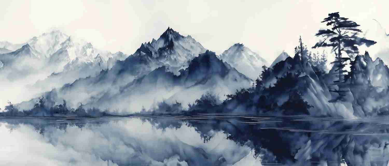 L’harmonie du calme en bleu – Papier peint paysage montagne en reflet - Illulart: Papier peint panoramique