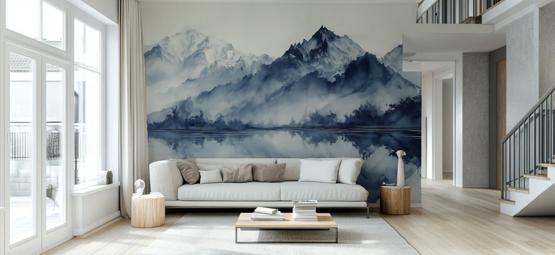 L’harmonie du calme en bleu – Papier peint paysage montagne en reflet - Illulart: Papier peint panoramique