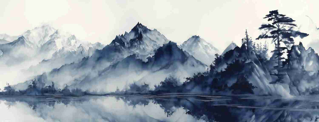 L’harmonie du calme en bleu – Papier peint paysage montagne en reflet - Illulart: Papier peint panoramique