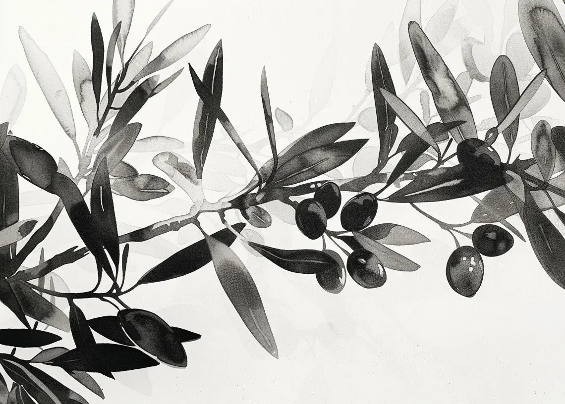 L’Olivier en Aquarelle - Élégance Subtile en Noir et Blanc - Illulart: Papier peint panoramique