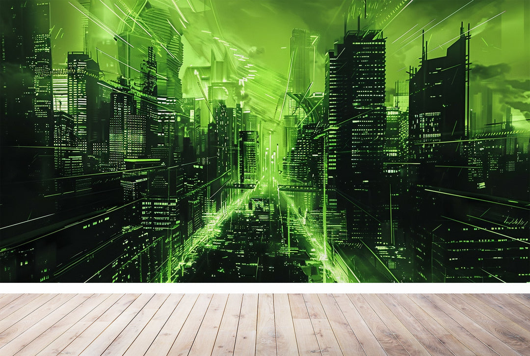 Lumière verte sur horizon futuriste - Illulart: Papier peint panoramique
