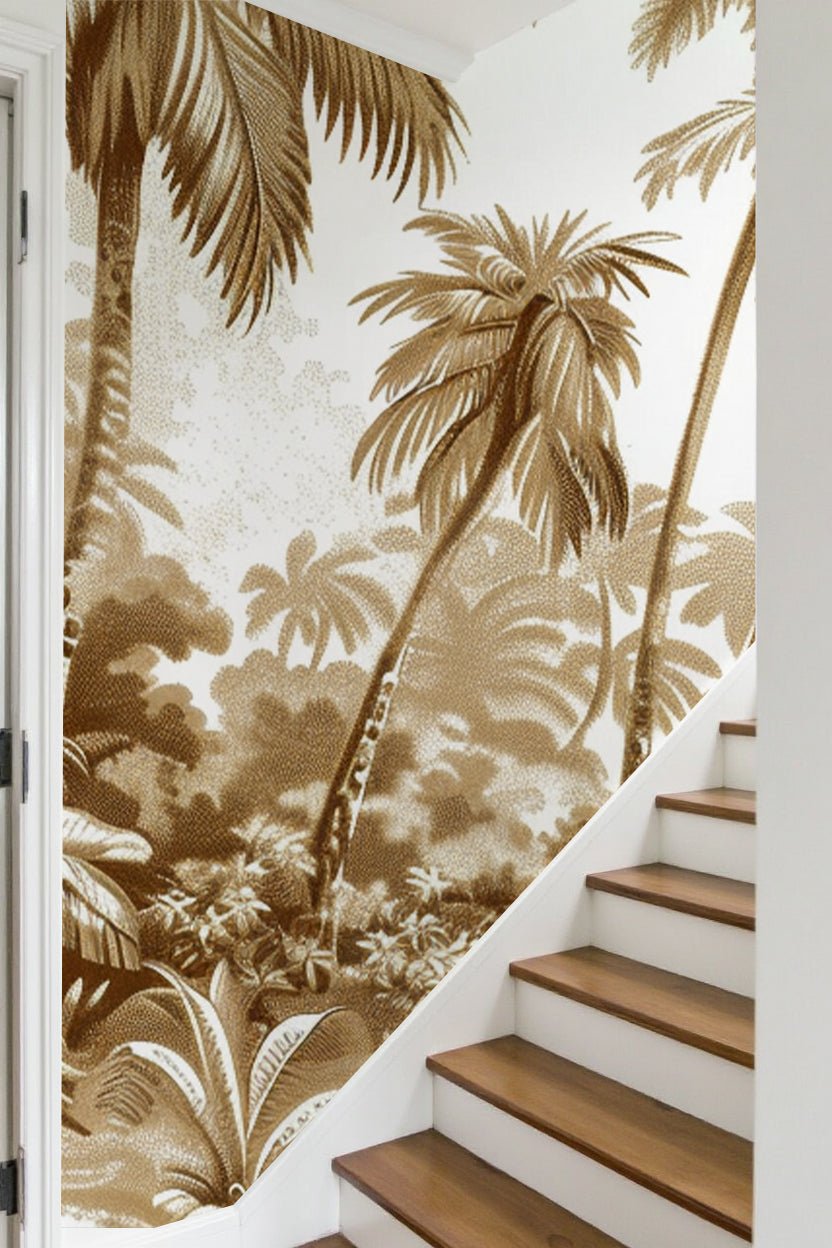 Luxe Tropical : Papier peint jungle stylisée en brun et blanc - Illulart: Papier peint panoramique