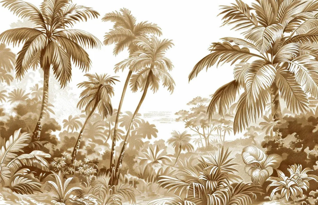 Luxe Tropical : Papier peint jungle stylisée en brun et blanc - Illulart: Papier peint panoramique