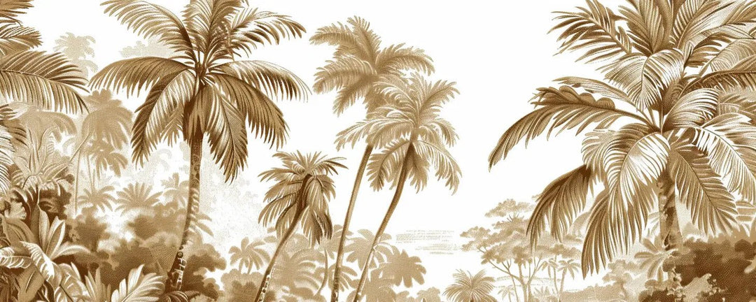 Luxe Tropical : Papier peint jungle stylisée en brun et blanc - Illulart: Papier peint panoramique